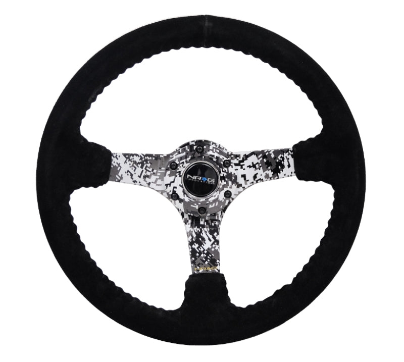 NRG Reinforced Steering Wheel (350mm / 3in. Deep) Blk Suede w/Hydrodipped Digi-Camo Spokes - Black Ops Auto Works