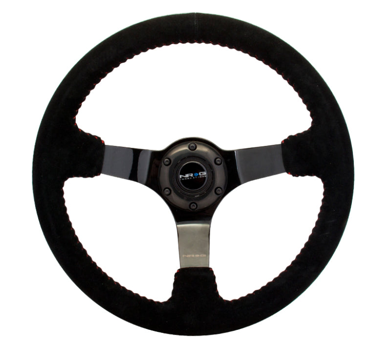 NRG Reinforced Steering Wheel (350mm / 3in. Deep) Blk Suede w/Red BBall Stitch & Black 3-Spoke - Black Ops Auto Works