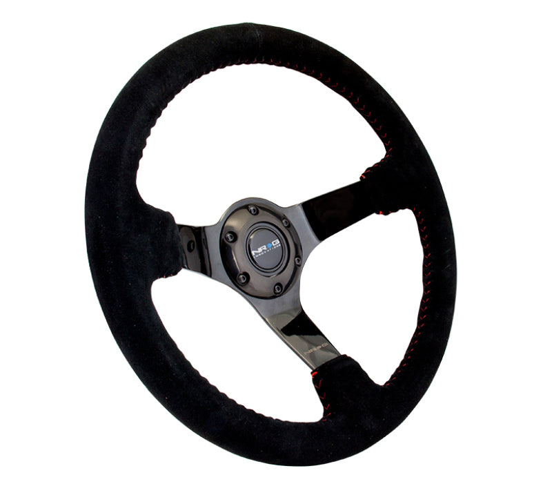 NRG Reinforced Steering Wheel (350mm / 3in. Deep) Blk Suede w/Red BBall Stitch & Black 3-Spoke - Black Ops Auto Works