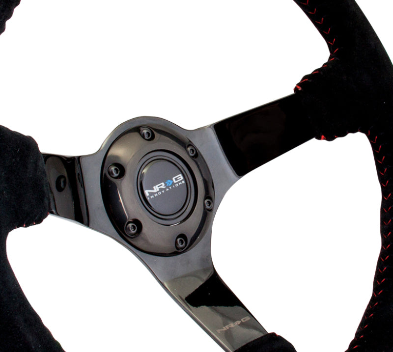 NRG Reinforced Steering Wheel (350mm / 3in. Deep) Blk Suede w/Red BBall Stitch & Black 3-Spoke - Black Ops Auto Works