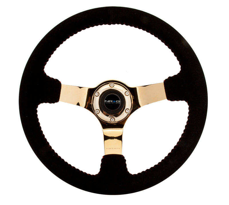 NRG Reinforced Steering Wheel (350mm / 3in. Deep) Blk Suede w/Red BBall Stitch & Chrome Gold 3-Spoke - Black Ops Auto Works