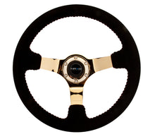 Load image into Gallery viewer, NRG Reinforced Steering Wheel (350mm / 3in. Deep) Blk Suede w/Red BBall Stitch &amp; Chrome Gold 3-Spoke - Black Ops Auto Works