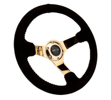 Load image into Gallery viewer, NRG Reinforced Steering Wheel (350mm / 3in. Deep) Blk Suede w/Red BBall Stitch &amp; Chrome Gold 3-Spoke - Black Ops Auto Works