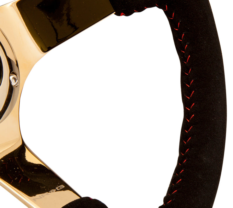 NRG Reinforced Steering Wheel (350mm / 3in. Deep) Blk Suede w/Red BBall Stitch & Chrome Gold 3-Spoke - Black Ops Auto Works