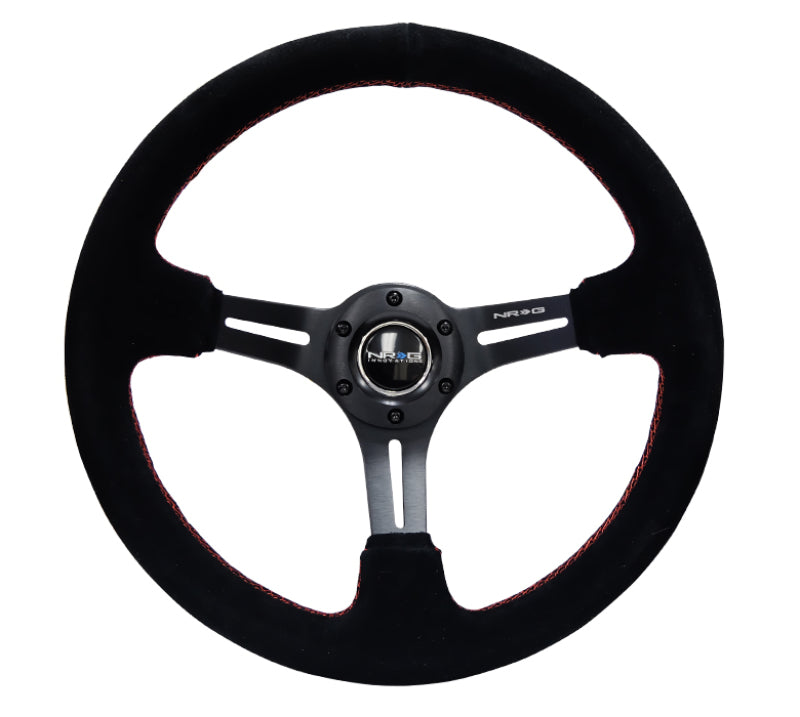 NRG Reinforced Steering Wheel (350mm / 3in. Deep) Blk Suede w/Red Stitching & 5mm Spokes w/Slits - Black Ops Auto Works