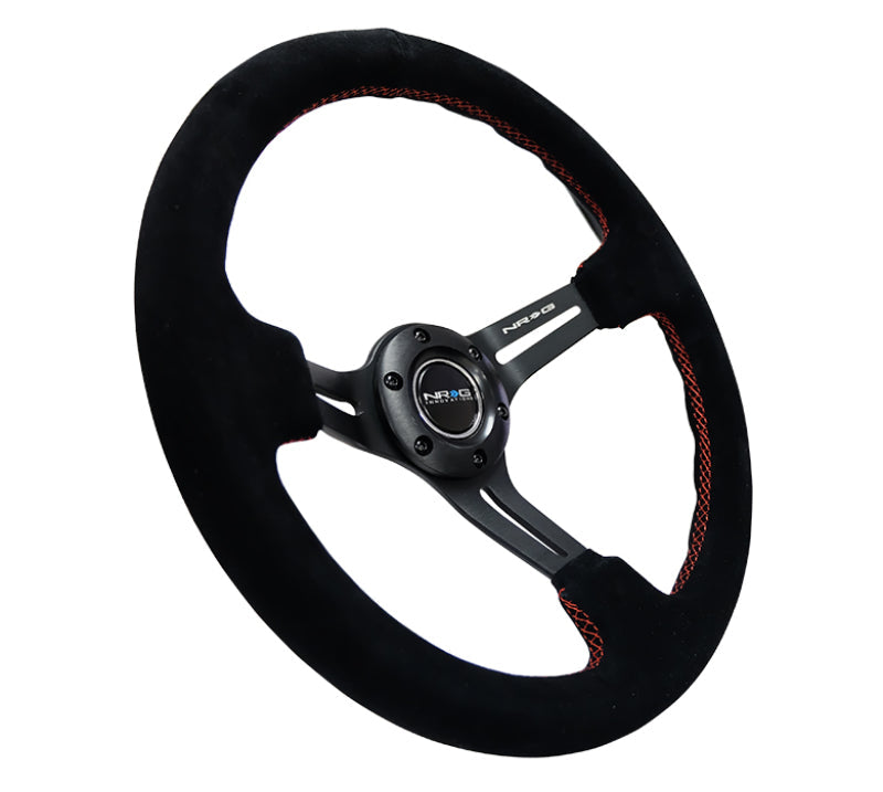 NRG Reinforced Steering Wheel (350mm / 3in. Deep) Blk Suede w/Red Stitching & 5mm Spokes w/Slits - Black Ops Auto Works