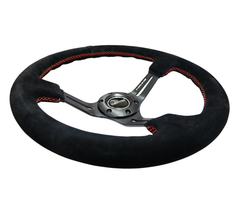NRG Reinforced Steering Wheel (350mm / 3in. Deep) Blk Suede w/Red Stitching & 5mm Spokes w/Slits - Black Ops Auto Works