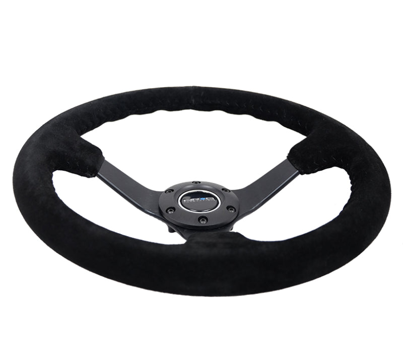 NRG Reinforced Steering Wheel (350mm / 3in. Deep) Blk Suede/Blk Bball Stitch w/5mm Matte Black Spoke - Black Ops Auto Works