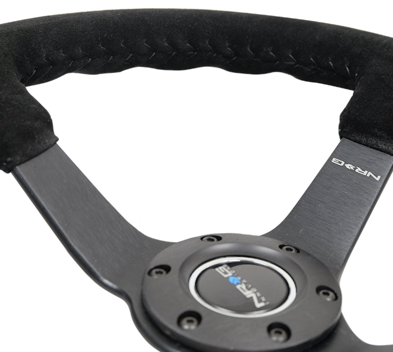 NRG Reinforced Steering Wheel (350mm / 3in. Deep) Blk Suede/Blk Bball Stitch w/5mm Matte Black Spoke - Black Ops Auto Works