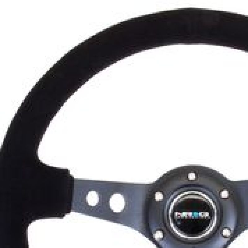 NRG Reinforced Steering Wheel (350mm / 3in. Deep) Blk Suede/Blk Stitch w/Black Circle Cutout Spokes - Black Ops Auto Works