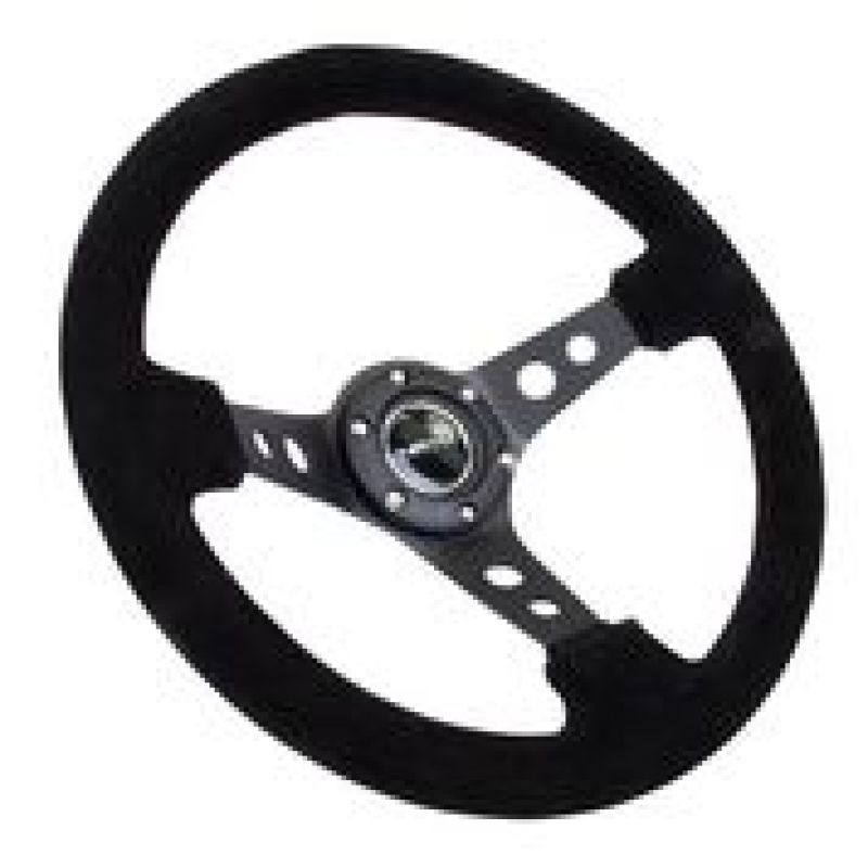 NRG Reinforced Steering Wheel (350mm / 3in. Deep) Blk Suede/Blk Stitch w/Black Circle Cutout Spokes - Black Ops Auto Works