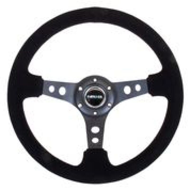 NRG Reinforced Steering Wheel (350mm / 3in. Deep) Blk Suede/Blk Stitch w/Black Circle Cutout Spokes - Black Ops Auto Works