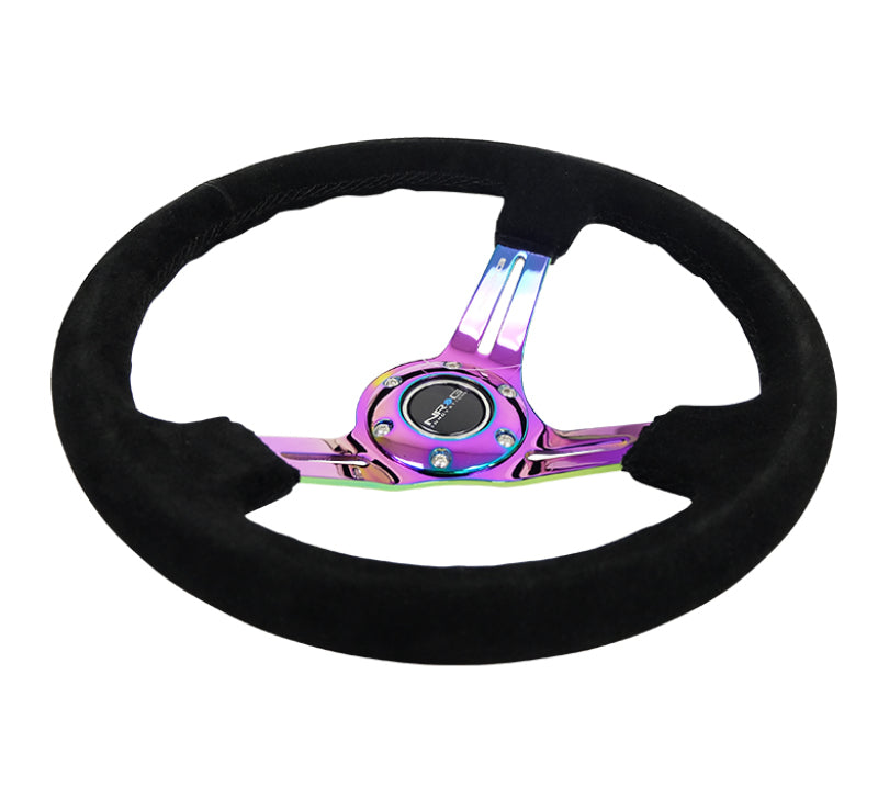 NRG Reinforced Steering Wheel (350mm / 3in. Deep) Blk Suede/Blk Stitch w/Neochrome Slits - Black Ops Auto Works