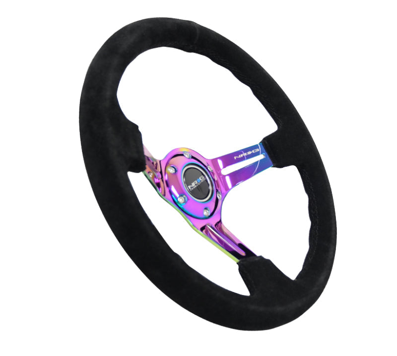 NRG Reinforced Steering Wheel (350mm / 3in. Deep) Blk Suede/Blk Stitch w/Neochrome Slits - Black Ops Auto Works