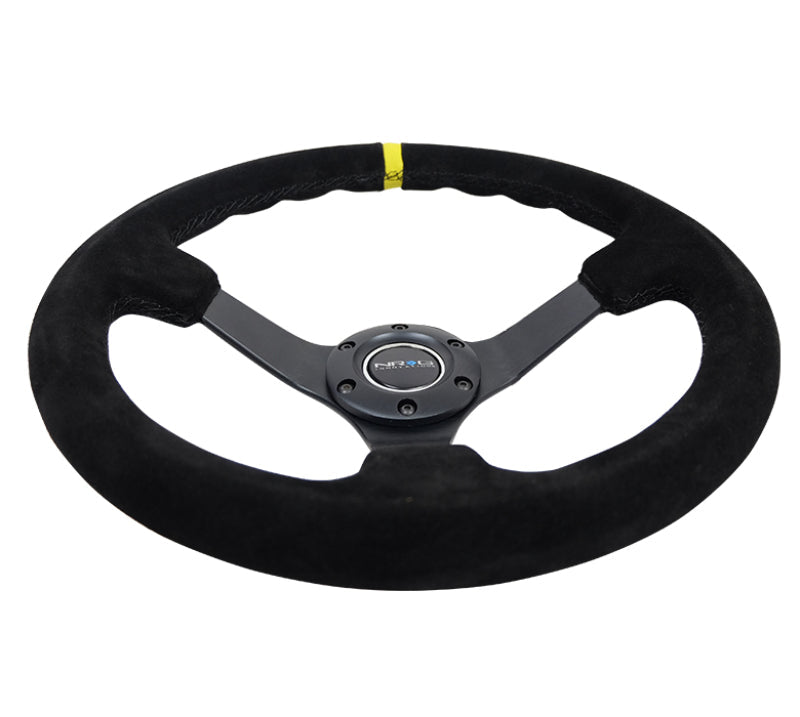 NRG Reinforced Steering Wheel (350mm / 3in. Deep) Blk Suede/X-Stitch w/5mm Blk Spoke & Yellow CM - Black Ops Auto Works