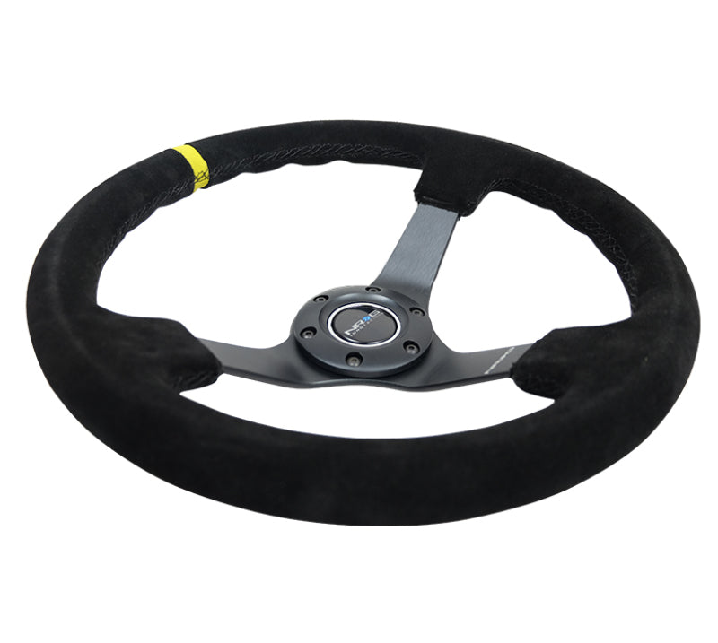 NRG Reinforced Steering Wheel (350mm / 3in. Deep) Blk Suede/X-Stitch w/5mm Blk Spoke & Yellow CM - Black Ops Auto Works