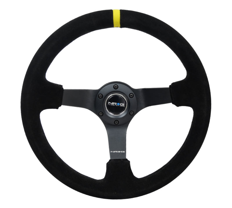NRG Reinforced Steering Wheel (350mm / 3in. Deep) Blk Suede/X-Stitch w/5mm Blk Spoke & Yellow CM - Black Ops Auto Works
