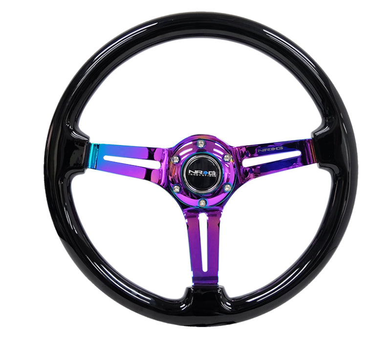 NRG Reinforced Steering Wheel (350mm / 3in. Deep) Blk Wood w/Blk Matte Spoke/Neochrome Center Mark - Black Ops Auto Works
