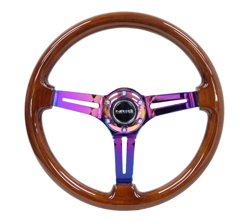 NRG Reinforced Steering Wheel (350mm / 3in. Deep) Brown Wood w/Blk Matte Spoke/Neochrome Center Mark - Black Ops Auto Works