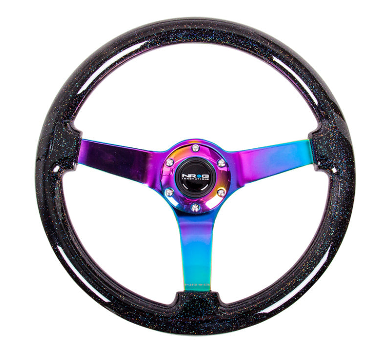 NRG Reinforced Steering Wheel (350mm / 3in. Deep) Classic Blk Sparkle w/4mm Neochrome 3-Spoke Center - Black Ops Auto Works
