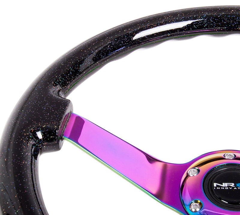 NRG Reinforced Steering Wheel (350mm / 3in. Deep) Classic Blk Sparkle w/4mm Neochrome 3-Spoke Center - Black Ops Auto Works