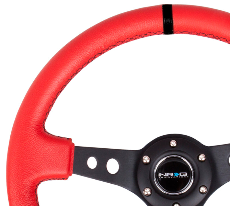 NRG Reinforced Steering Wheel (350mm / 3in. Deep) Red Suede w/Blk Circle Cutout Spokes - Black Ops Auto Works