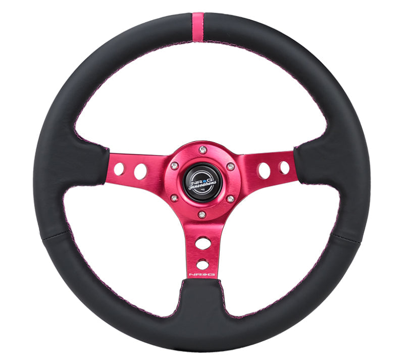 NRG Reinforced Steering Wheel (350mm/3in. Deep) Black Leather/ Fushia Center Mark/ Fushia Stitching - Black Ops Auto Works
