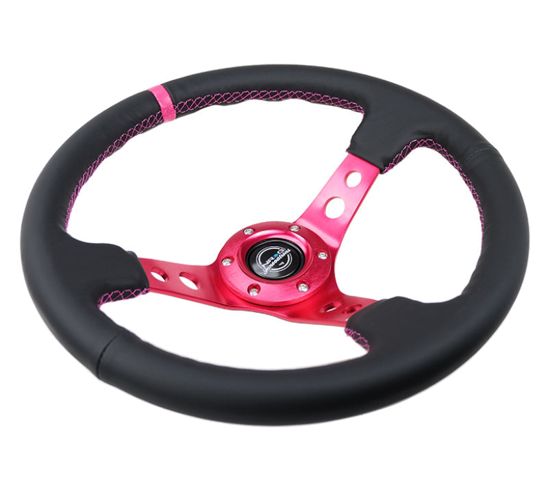 NRG Reinforced Steering Wheel (350mm/3in. Deep) Black Leather/ Fushia Center Mark/ Fushia Stitching - Black Ops Auto Works