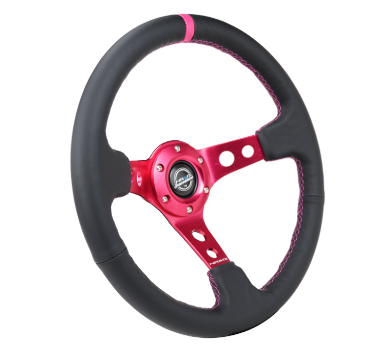 NRG Reinforced Steering Wheel (350mm/3in. Deep) Black Leather/ Fushia Center Mark/ Fushia Stitching - Black Ops Auto Works