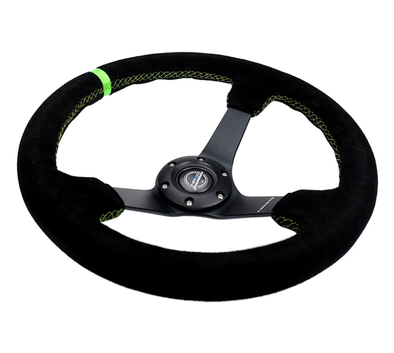 NRG Reinforced Steering Wheel 350mm/3in. Deep Blk Suede/ Neon Green Stitch w/5mm Matte Black Spoke - Black Ops Auto Works