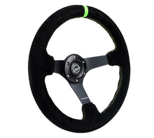 Load image into Gallery viewer, NRG Reinforced Steering Wheel 350mm/3in. Deep Blk Suede/ Neon Green Stitch w/5mm Matte Black Spoke - Black Ops Auto Works
