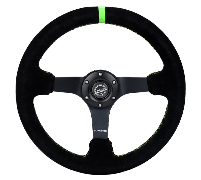NRG Reinforced Steering Wheel 350mm/3in. Deep Blk Suede/ Neon Green Stitch w/5mm Matte Black Spoke - Black Ops Auto Works