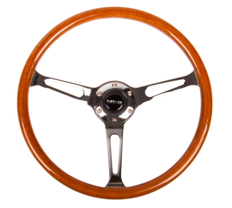 NRG Reinforced Steering Wheel (360mm) Classic Wood Grain w/Chrome Cutout 3-Spoke Center - Black Ops Auto Works