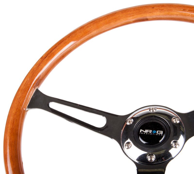 NRG Reinforced Steering Wheel (360mm) Classic Wood Grain w/Chrome Cutout 3-Spoke Center - Black Ops Auto Works