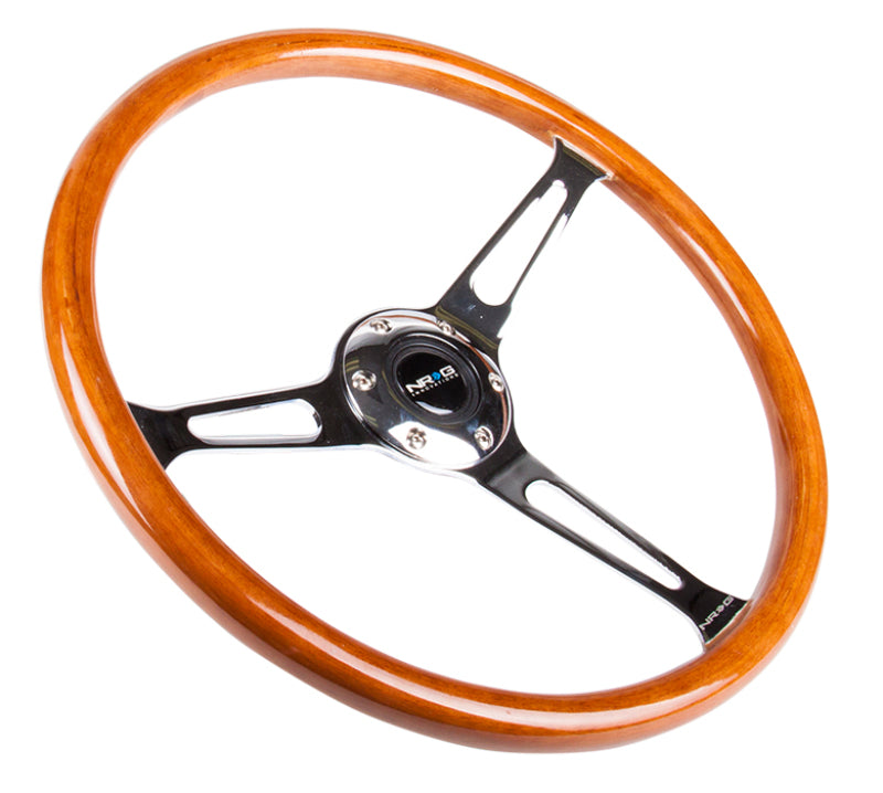 NRG Reinforced Steering Wheel (360mm) Classic Wood Grain w/Chrome Cutout 3-Spoke Center - Black Ops Auto Works