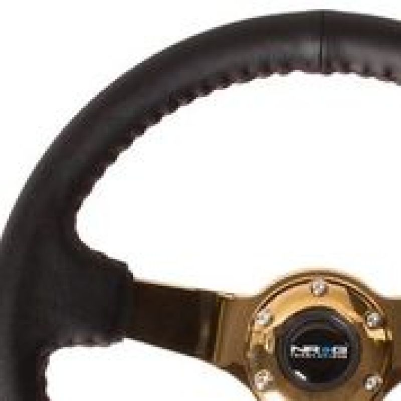 NRG Reinforced Steering Wheel (3in Deep / 4mm) 350mm Blk Leather w/Red BBall Stitch & Gold Spoke - Black Ops Auto Works
