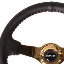 Load image into Gallery viewer, NRG Reinforced Steering Wheel (3in Deep / 4mm) 350mm Blk Leather w/Red BBall Stitch &amp; Gold Spoke - Black Ops Auto Works