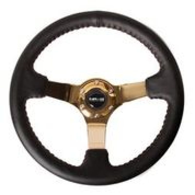 NRG Reinforced Steering Wheel (3in Deep / 4mm) 350mm Blk Leather w/Red BBall Stitch & Gold Spoke - Black Ops Auto Works