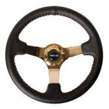 Load image into Gallery viewer, NRG Reinforced Steering Wheel (3in Deep / 4mm) 350mm Blk Leather w/Red BBall Stitch &amp; Gold Spoke - Black Ops Auto Works