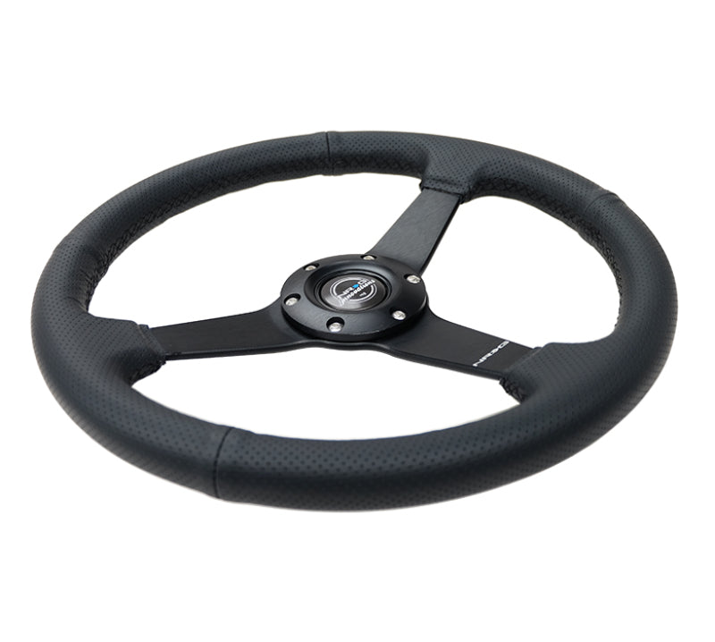 NRG Sport Steering Wheel (350mm / 1.5in Deep) Black Leather Black Stitch w/Matte Black Solid Spokes - Black Ops Auto Works