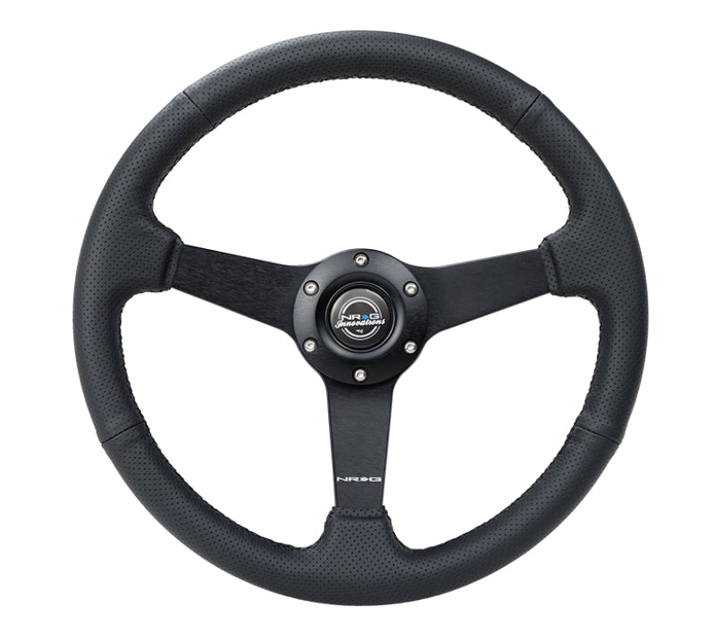 NRG Sport Steering Wheel (350mm / 1.5in Deep) Black Leather Black Stitch w/Matte Black Solid Spokes - Black Ops Auto Works