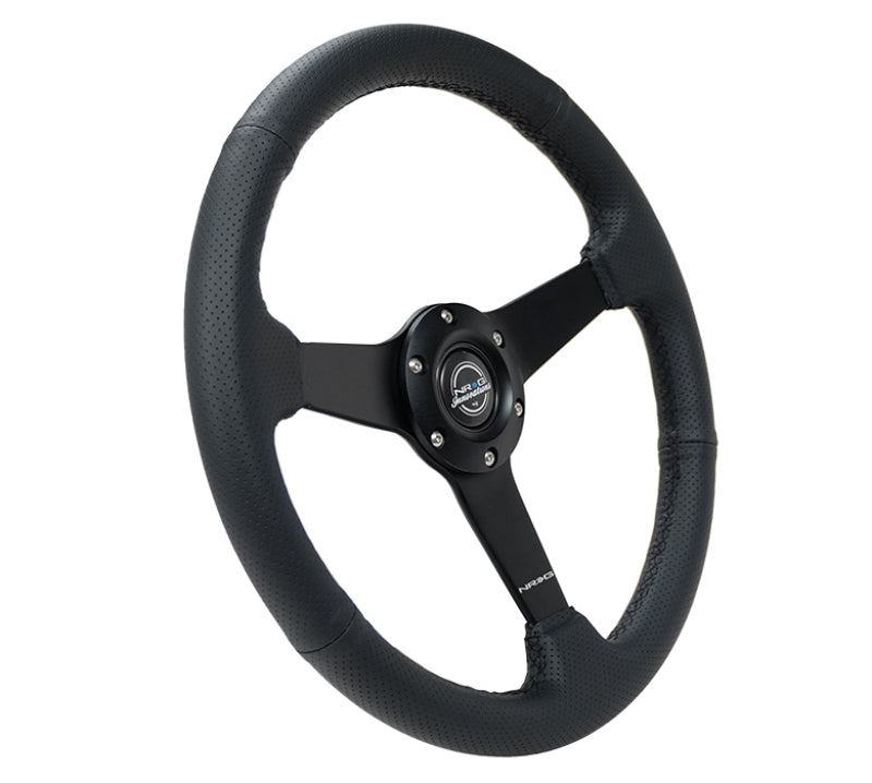 NRG Sport Steering Wheel (350mm / 1.5in Deep) Black Leather Black Stitch w/Matte Black Solid Spokes - Black Ops Auto Works