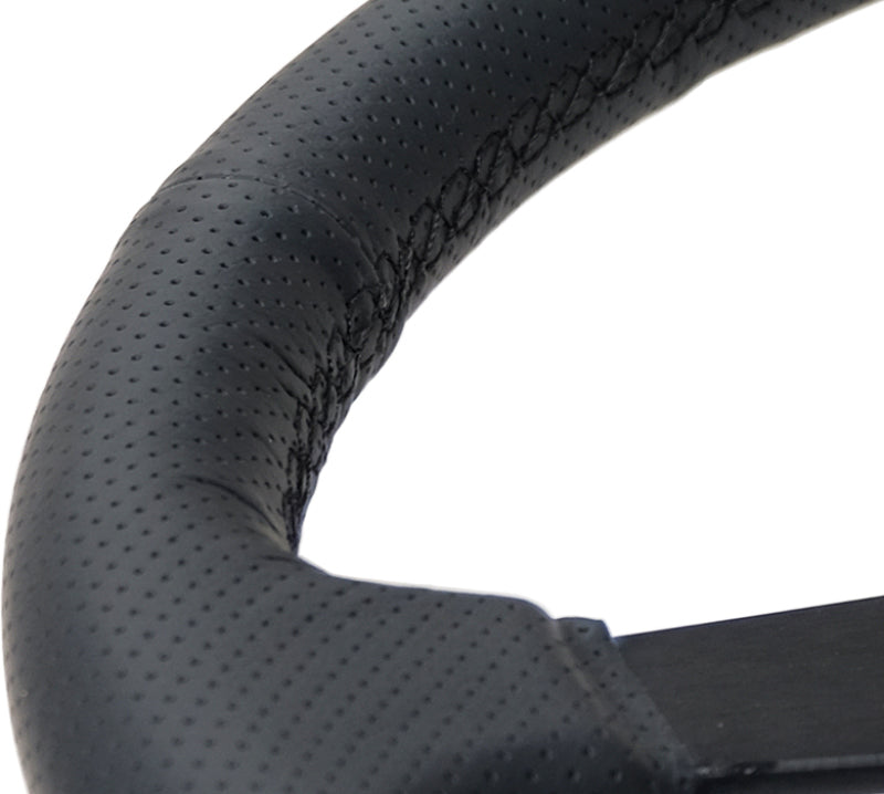NRG Sport Steering Wheel (350mm / 1.5in Deep) Black Leather Black Stitch w/Matte Black Solid Spokes - Black Ops Auto Works