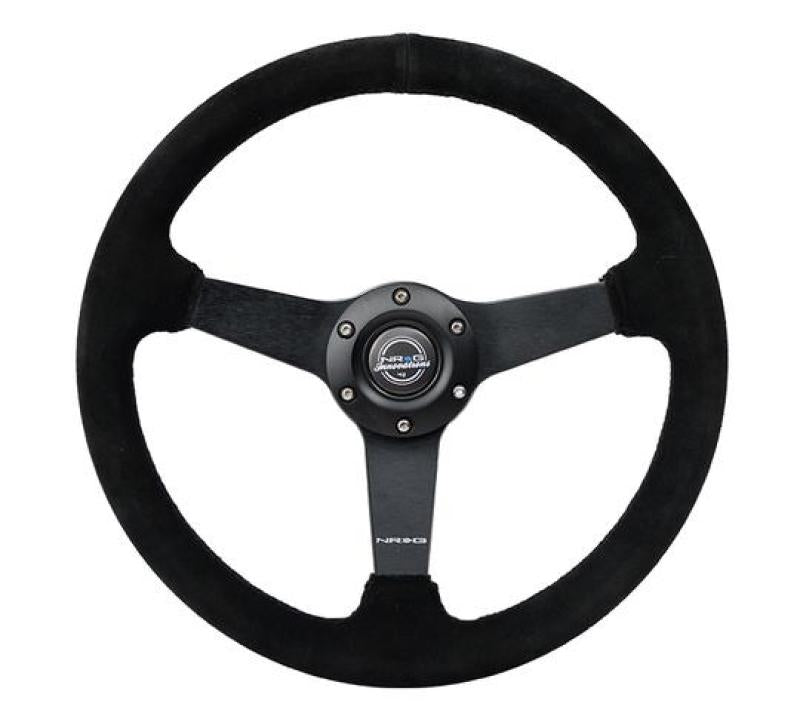 NRG Sport Steering Wheel (350mm / 1.5in Deep) Black Suede/Black Stitch w/Matte Black Solid Spokes - Black Ops Auto Works