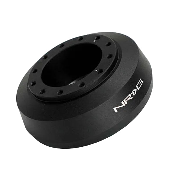 Black anodized NRG SRK-145H short hub adapter at an angle showing two rings of wheel mounting holes