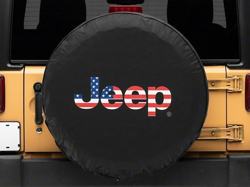 Officially Licensed Jeep 66-18 CJ5/ CJ7/ Wrangler YJ/TJ/JK American Flag Logo Spare Tire Cover-33In - Black Ops Auto Works