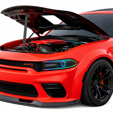 Load image into Gallery viewer, Orange Dodge Charger Hellcat with Black Ops Demon Window Hood open for engine bay access