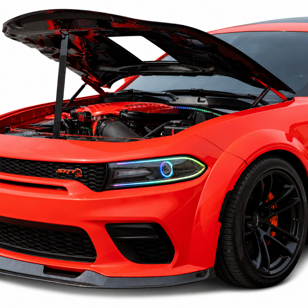 Orange Dodge Charger Widebody with Black Ops front lip splitter