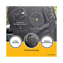 Load image into Gallery viewer, Covercraft Carhartt Super Dux SeatSaver second row seat cover feature callouts and warranty overview