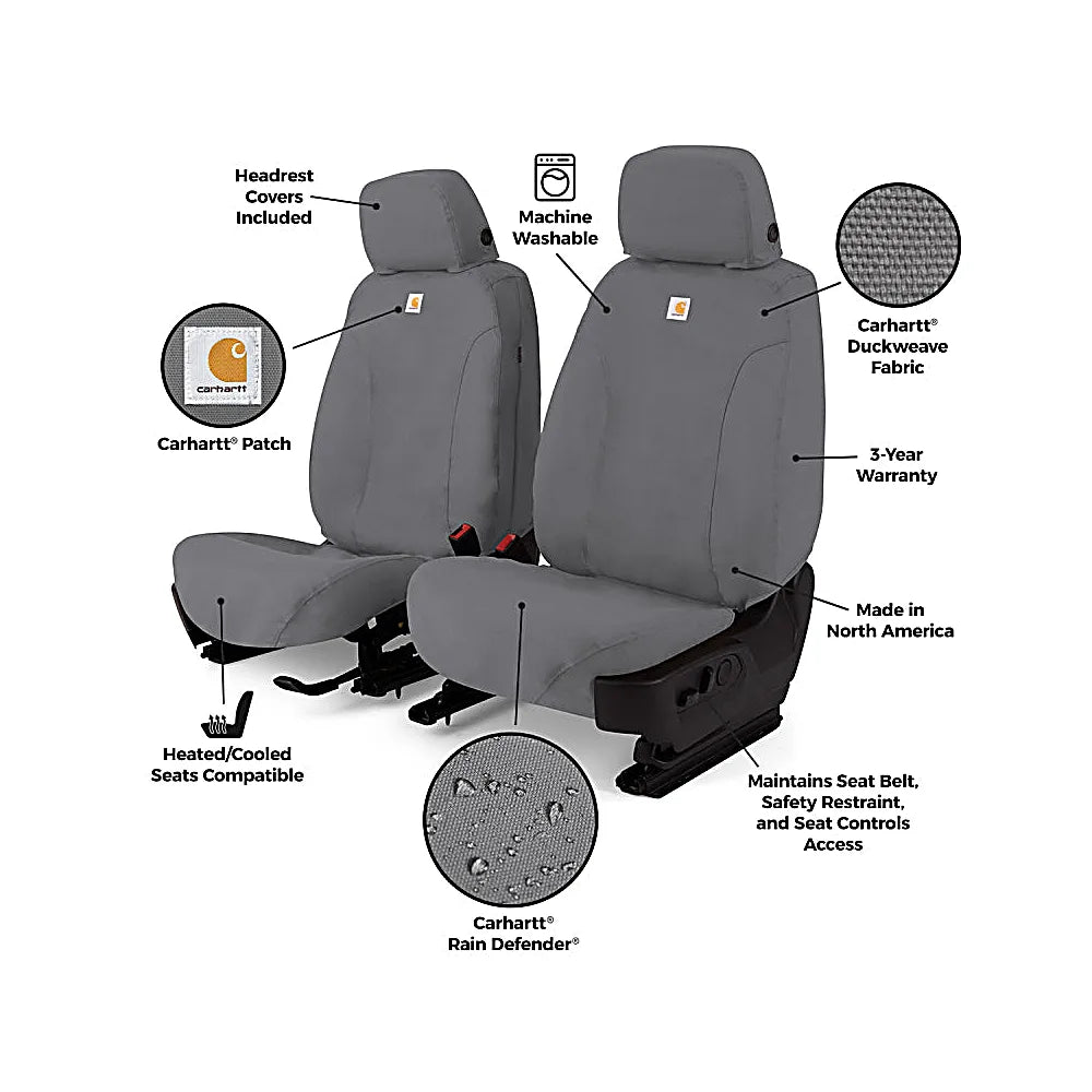 Covercraft Carhartt SeatSaver Tacoma 3-year warranty and classic Carhartt rivets feature callout
